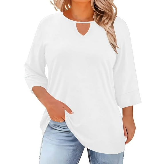 yievot Womens Plus Size Tops 3/4 Sleeve Blouses Summer Cutout Crew Neck Shirts Smocked Spring Outfits