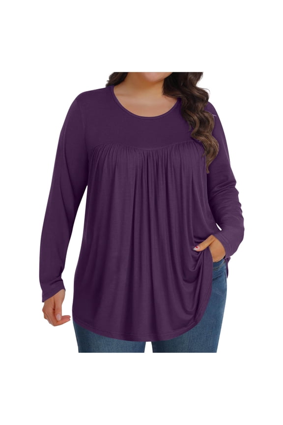 Womens Plus Size Tunic Tops Long Sleeve Crew Neck Shirts Pleated Dressy Casual Blouse L-5XL