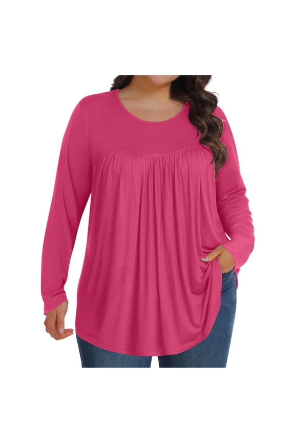 Womens Plus Size Tunic Tops Long Sleeve Crew Neck Shirts Pleated Dressy Casual Blouse L-5XL