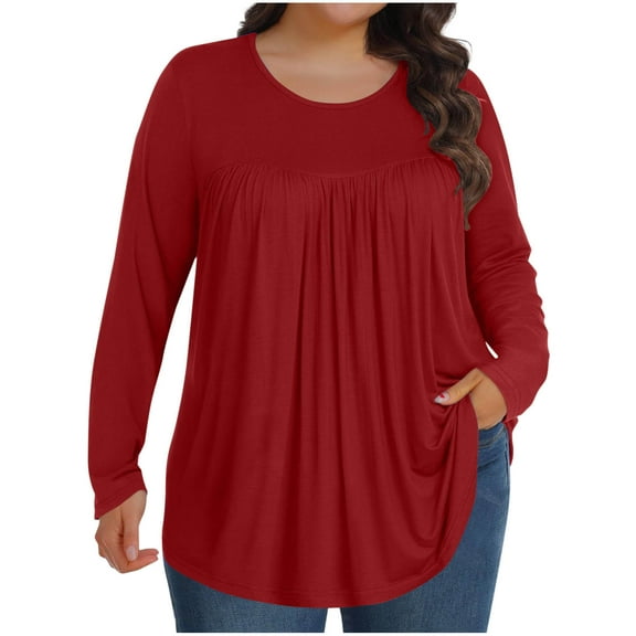 yievot Womens Plus Size Tunic Tops Long Sleeve Crew Neck Shirts Pleated Dressy Casual Blouse L-5XL