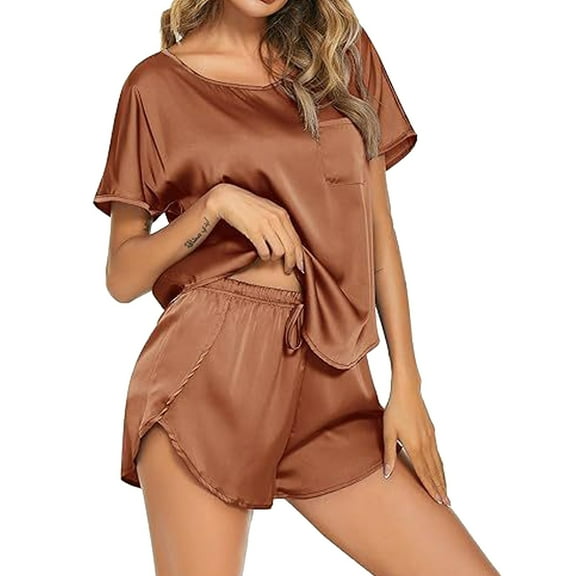 yievot Womens Silk Satin Pajamas Set Short Sleeve Top and Shorts Two-Piece Pjs Silky Sleepwear Nightwear
