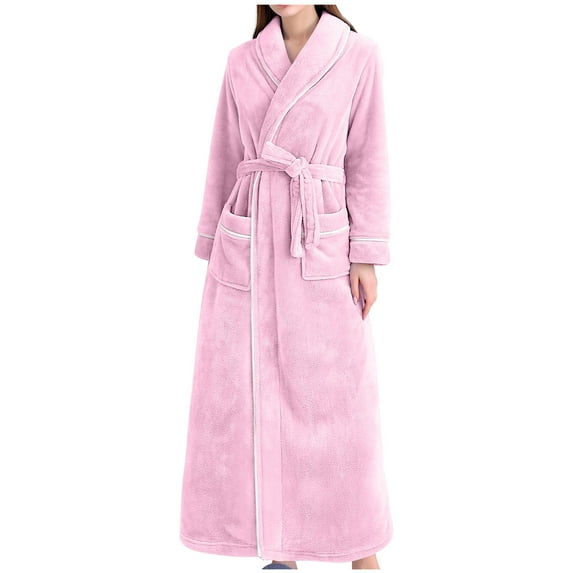 yievot Womens Solid Bandage Flannel Robe Full Length Bathrobe Gown Pajamas Long Sleepwear Pocket Loungewear