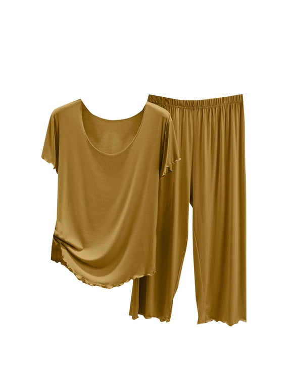Womens Summer Pajama Sets 2 Piece Sleepwear Ladies Short Sleeve Nightwear Top and Capri Pants Pjs Lounge Set