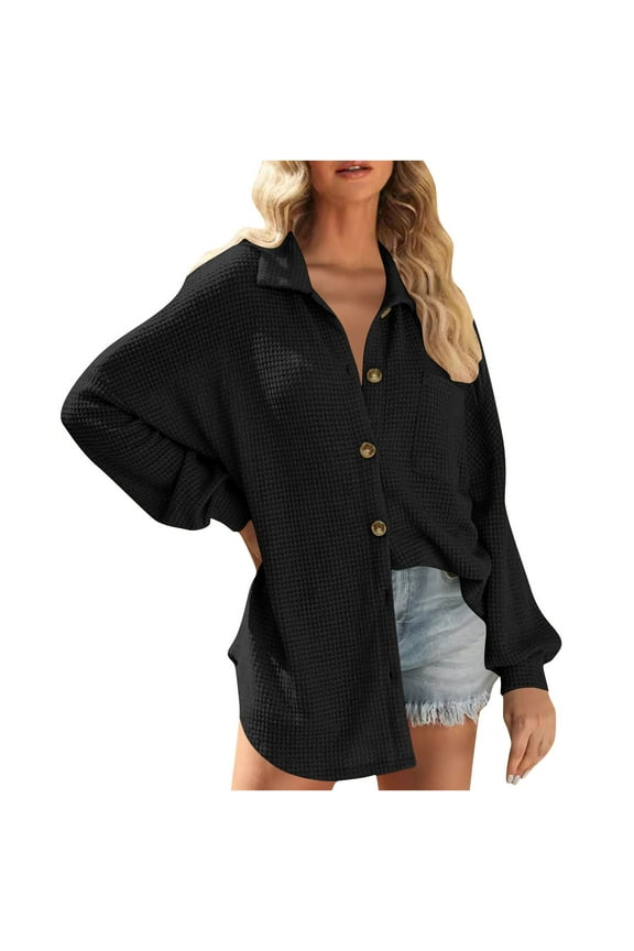 Womens Waffle Knit Shacket Jacket Long Sleeve Button Down Shirts Dressy Casual Blouses Tops