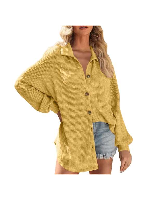 Womens Waffle Knit Shacket Jacket Long Sleeve Button Down Shirts Dressy Casual Blouses Tops