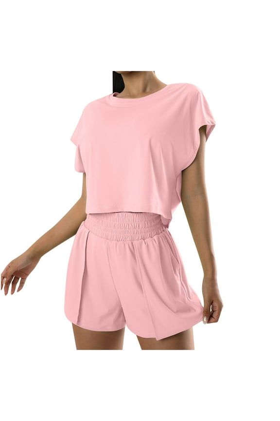 Womens Workout Set Short Sleeve Crop Top and Shorts Summer 2 Piece Tracksuit Outfits Quick Drying Fitness Running Yoga Activewear Sets
