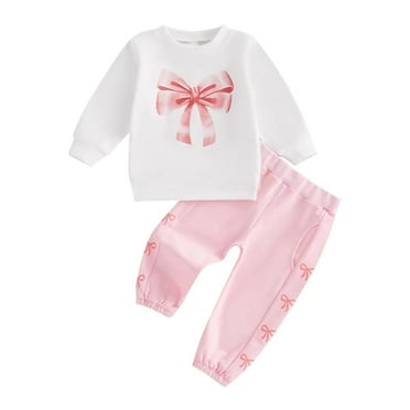 yillto 1-3T Toddler Girls Sets Crewneck Bow Printed Sweatshirts and Joggers Sweatpants Tracksuit