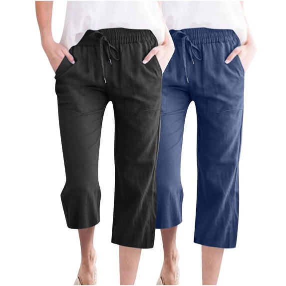 yillto 2 Pack Capris Pant for Womens Cropped Trousers Cotton Linen Straight Leg Loose Summer Beach Casual Capri Pants