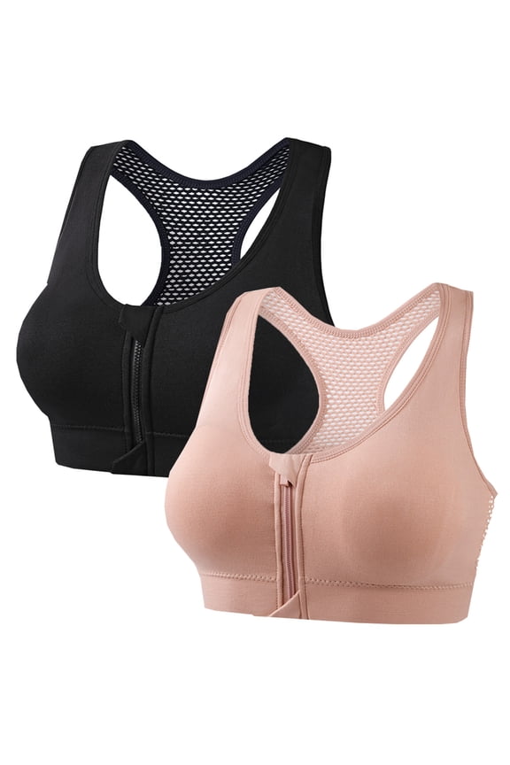 2 Pack Women's Sports Bra Racerback Zip Front Bras Supportive Workout Athletic Exercise Yoga Outfits