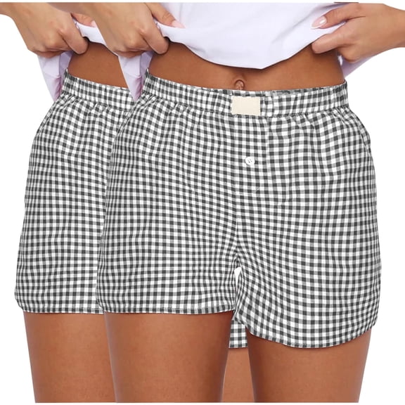 yillto 2 Pack Womens Boxer Shorts Bottoms Summer Casual Lounge Sleepwear Elastic Pajama Plaid Short Pants