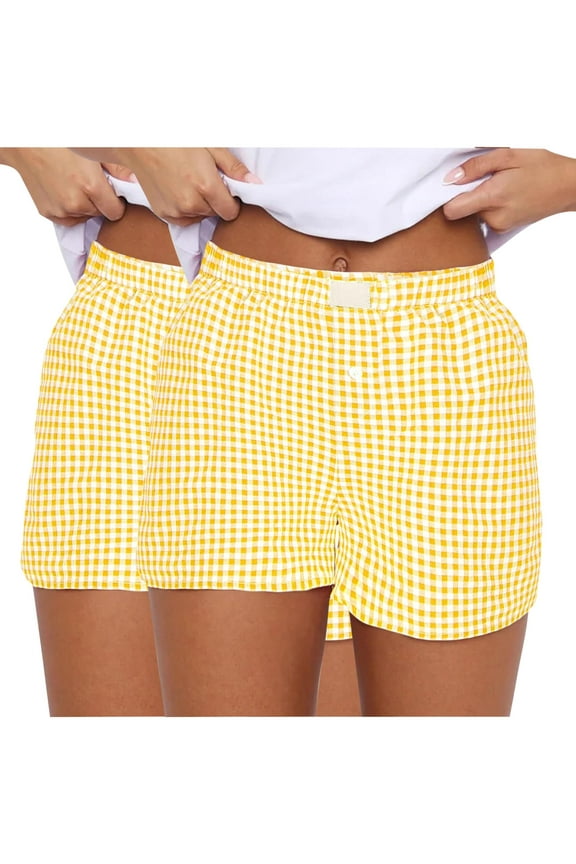 2 Pack Womens Boxer Shorts Bottoms Summer Casual Lounge Sleepwear Elastic Pajama Plaid Short Pants