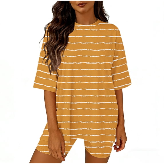 yillto 2 Piece Sets for Women Summer Lounge Biker Yoga Short Set Spring Oversized Shirt Striped Tee Tracksuit