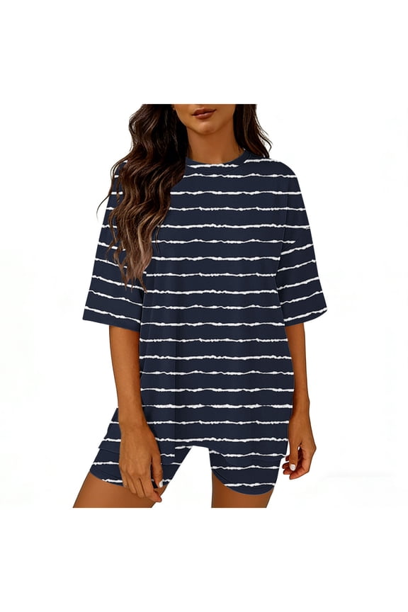 2 Piece Sets for Women Summer Lounge Biker Yoga Short Set Spring Oversized Shirt Striped Tee Tracksuit