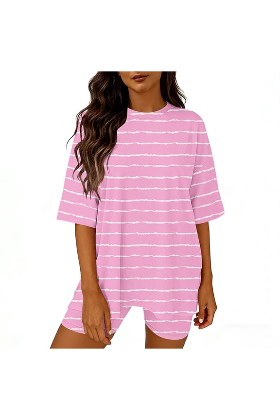 2 Piece Sets for Women Summer Lounge Biker Yoga Short Set Spring Oversized Shirt Striped Tee Tracksuit
