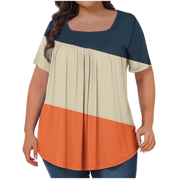 yillto 2025 Womens Plus Size Tops Summer Short Sleeve Squared Neck Pleated Casual Loose Shirts L-5XL