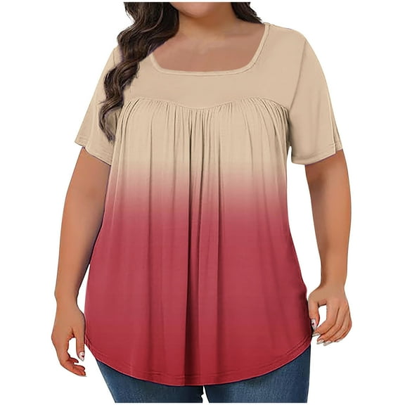 yillto 2025 Womens Plus Size Tops Summer Short Sleeve Squared Neck Pleated Casual Loose Shirts L-5XL