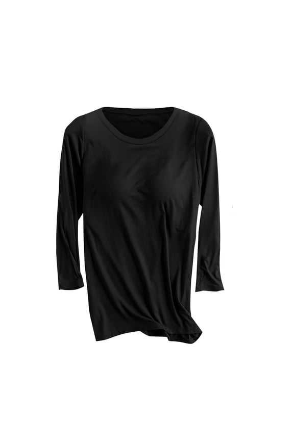 3/4 Sleeve Shirt for Womens Basic Tee with Bra Ribbed Round Neck Pullover Slim Undershirts