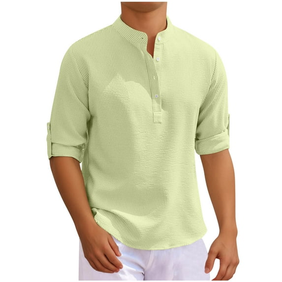 yillto 3/4 Sleeve Shirts for Men's V Neck Button Pullover Solid Color Textured Printed Shirt Tops