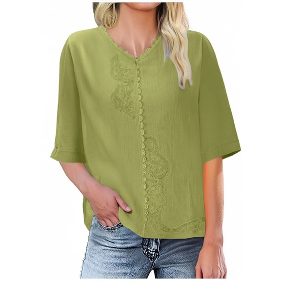 yillto 3/4 Sleeve Tops for Womens Cotton Linen Loose Blouse V Neck Spring Summer Casual Vacation Shirt