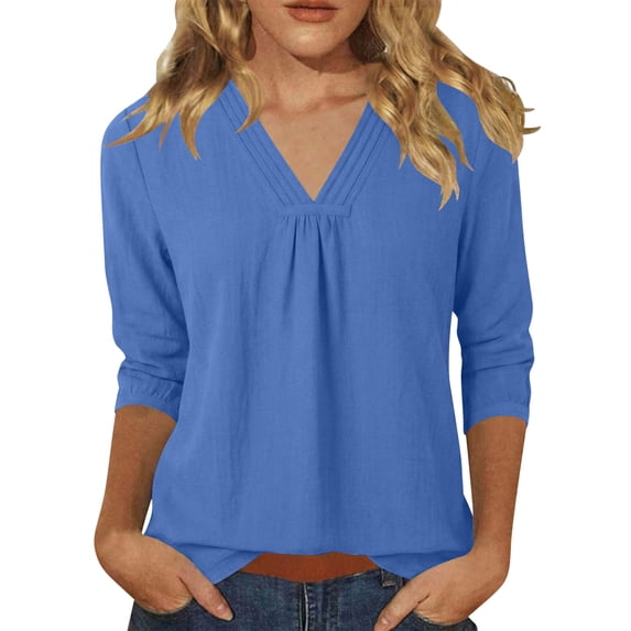 yillto 3/4 Sleeve Womens Tops Pleated V Neck Work Blouses for Women Dressy Casual Spring Summer Clothes