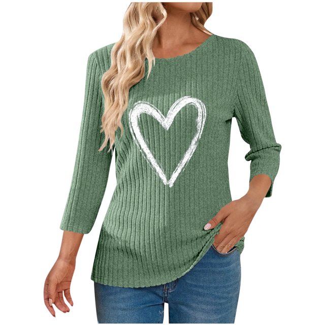 yillto 3/4 Sleeve for Womens Lightweight Knitted Sweaters Fall Trendy Heart Crewneck Ribbed Tunic Tops