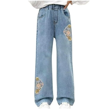 yillto 5-13T Girls Jeans Pant High Waist Straight Leg Loose Fitting Full Length Pockets Denim Pants
