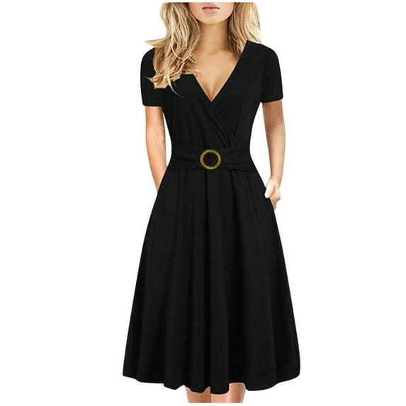 yillto A-Line Dress for Women Midi V Neck Short Sleeve Dress Fashion Elegant Solid Color Dresses