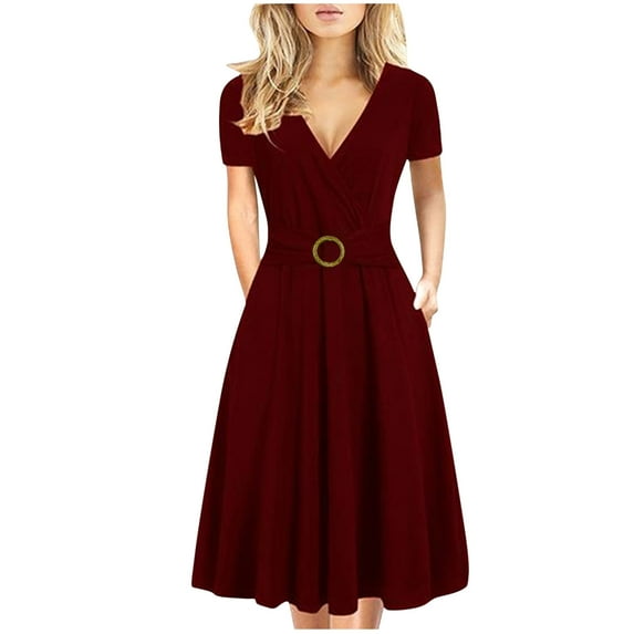 yillto A-Line Dress for Women Midi V Neck Short Sleeve Dress Fashion Elegant Solid Color Dresses