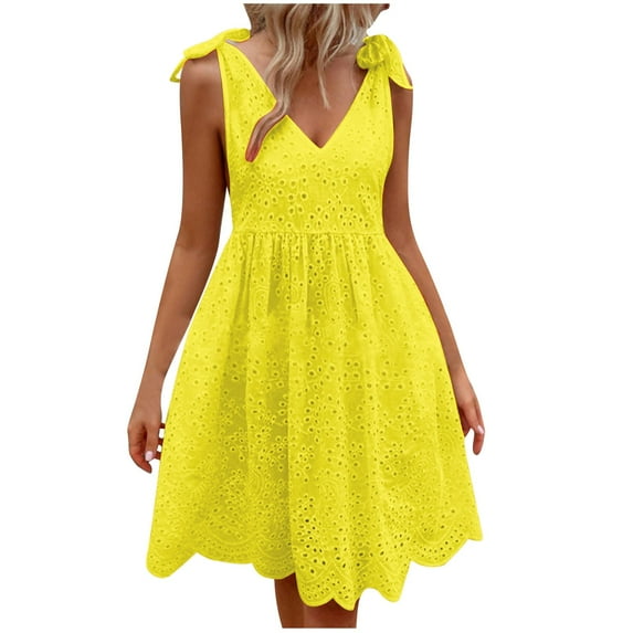yillto A-Line Dresses for Women Cute Cotton Sleeveless V Neck Dress Loose Casual Beach Vacation Dresses