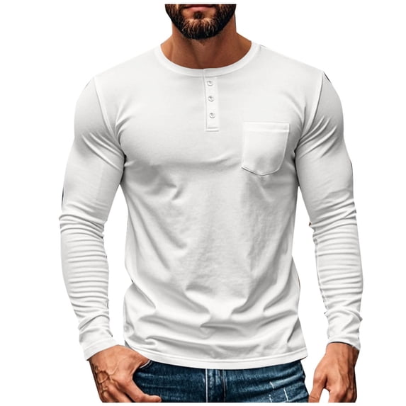 yillto Basic Long Sleeve for Mens Lightweight Pullover Shirt with Pockets Fashion Buttons Neck Tee