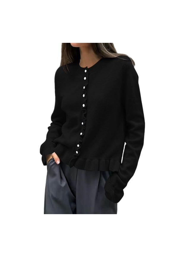 Big Girls Cardigan Sweaters Button down Long Sleeve Knit Cute Ruffle Hem Cardigans for Womens Crop Sweater