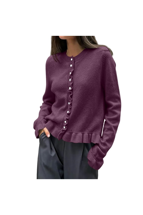 Big Girls Cardigan Sweaters Button down Long Sleeve Knit Cute Ruffle Hem Cardigans for Womens Crop Sweater