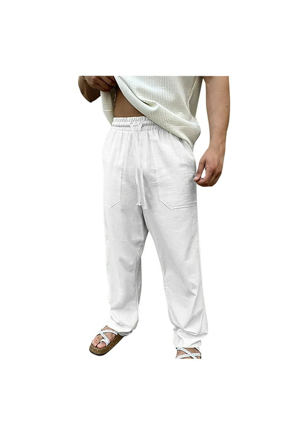 Big and Tall Cotton Linen Pant for Mens Casual Elastic Waist Drawstring Summer Beach Trousers with Pockets