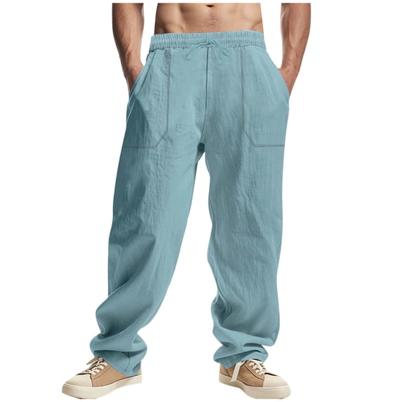yillto Big and Tall Cotton Linen Pant for Mens Casual Elastic Waist Drawstring Summer Beach Trousers with Pockets