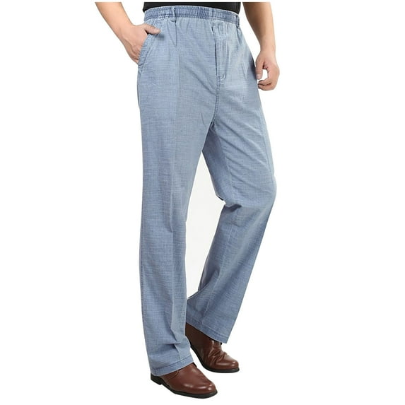 yillto Big and Tall Straight Leg Pants for Men Cotton Linen Elastic Waist Trousers Loose Casual Pocket Pants