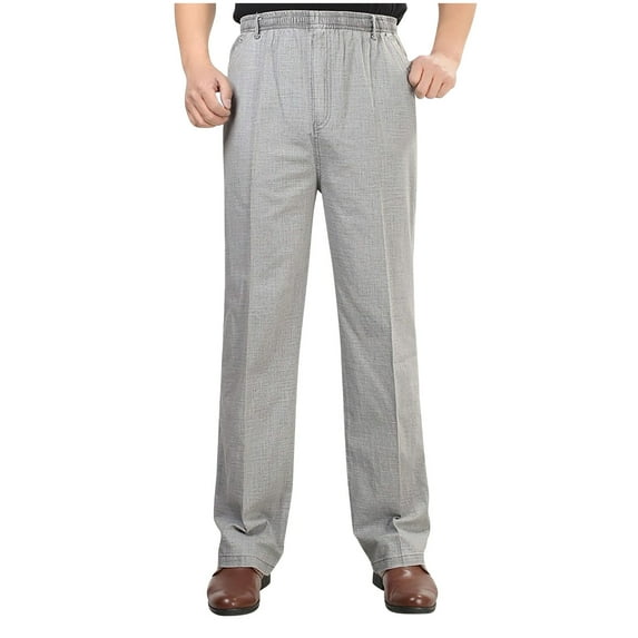 yillto Big and Tall Straight Leg Pants for Men Cotton Linen Elastic Waist Trousers Loose Casual Pocket Pants