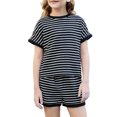 thumbnail image 1 of yillto Girls Summer Shorts Sets 2 Piece Short Sleeve Striped Shirts Top and Wide Leg Lounge Shorts, 1 of 7