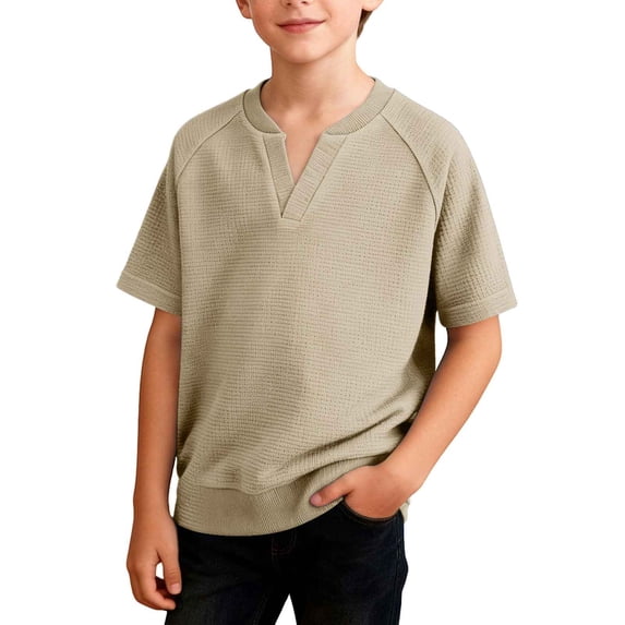 yillto Boys Short Sleeve Tops Textured Loose Trendy Summer V Neck Shirts Kids Solid Color Casual Baggy Tees