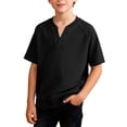thumbnail image 1 of yillto Boys Short Sleeve Tops Textured Loose Trendy Summer V Neck Shirts Kids Solid Color Casual Baggy Tees, 1 of 6