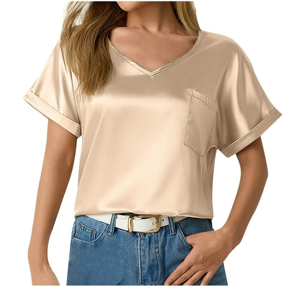 yillto Business Casual Tops for Women Satin Blouses Dressy Summer Short Sleeve Silky Work Office Tee with Pockets
