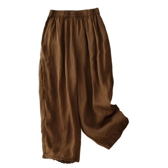 yillto Capri Pants for Women Cotton Linen Elastic Waist Straight Shorts High Waist Casual Loose Shorts
