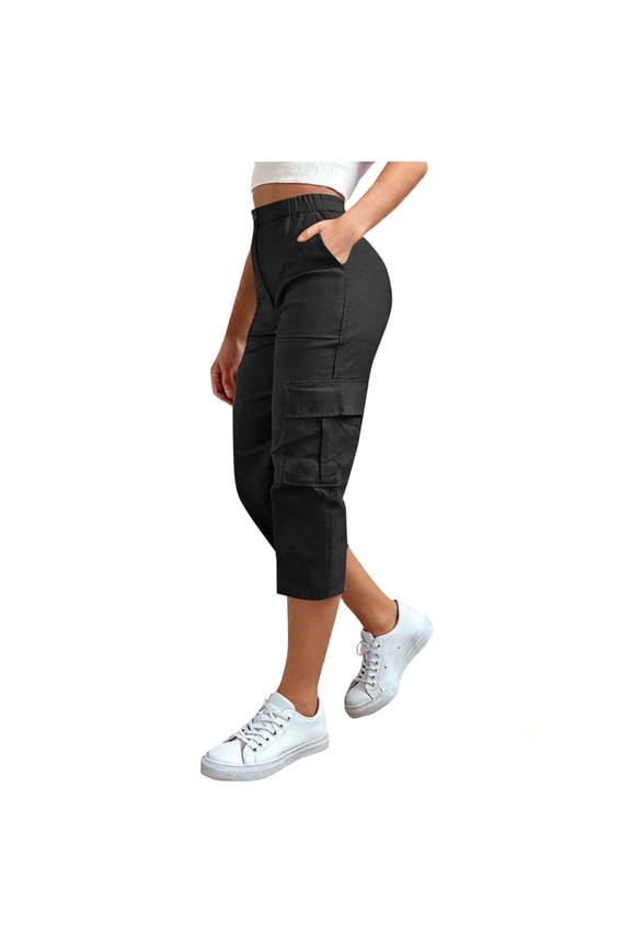 Cargo Shorts for Women Elastic Waist Summer Capri Pants Solid Color Casual Shorts with Pockets