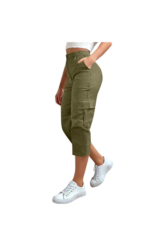 Cargo Capris for Women Elastic Waist Summer Capri Pants Solid Color Casual Shorts with Pockets