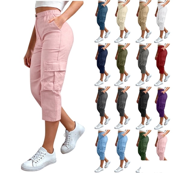 yillto Cargo Capris for Women Elastic Waist Summer Capri Pants Solid Color Casual Shorts with Pockets