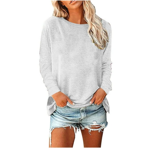 yillto Casual Tops for Women Trendy Long Sleeve Round Neck T-Shirt Loose Comfy Solid Color Pullovers