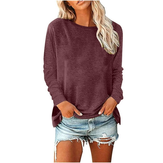 yillto Casual Tops for Women Trendy Long Sleeve Round Neck T-Shirt Loose Comfy Solid Color Pullovers