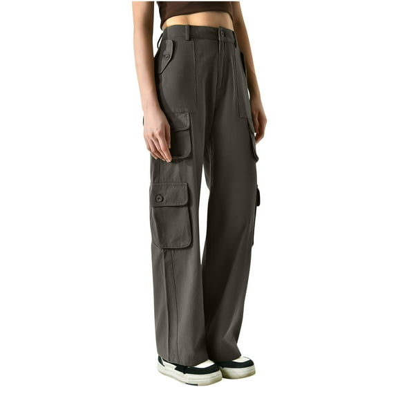 yillto Cotton Cargo Pants for Women High Waist Zipper Straight Pants with Pocket Fashion Loose Casual Trousers