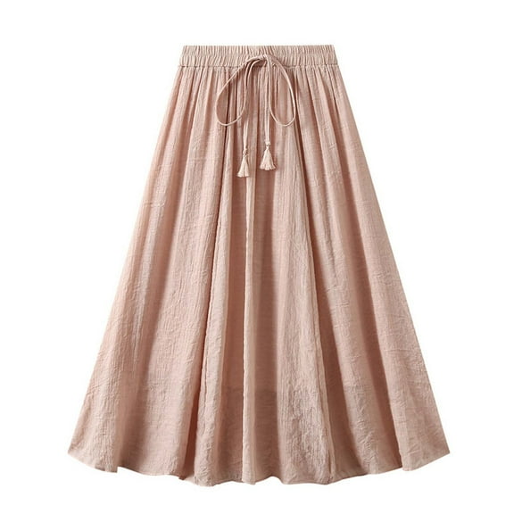 yillto Cotton Linen Skirts for Womens Elastic Waist Pleated Flowy Summer Beach Boho Loose Long Skirts
