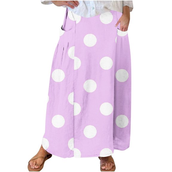 yillto Cotton Linen Skirts for Womens High Waist Flowy Summer Beach Vacation Polka Dot Skirt with Pockets