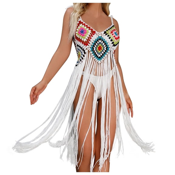 yillto Crochet Dress for Womens Beach Vacation Swimsuit Bikini Cover Ups Spaghetti Strap Fringe Outfits